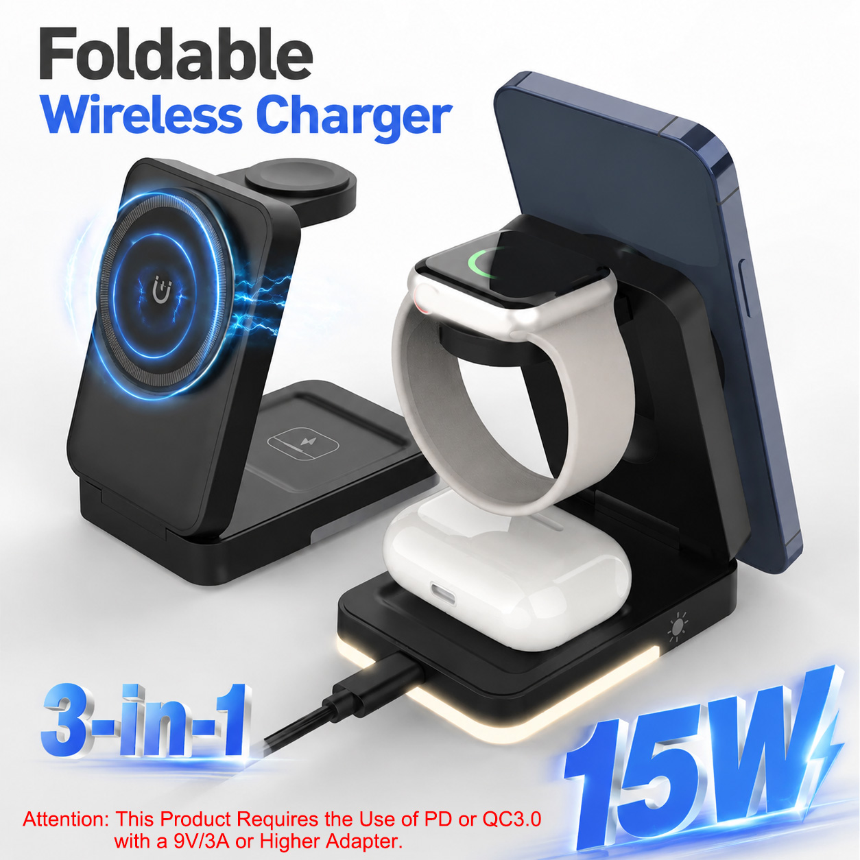 Usb C Earphone - 3-in-1 opvouwbare draadloze oplader 15W magnetische